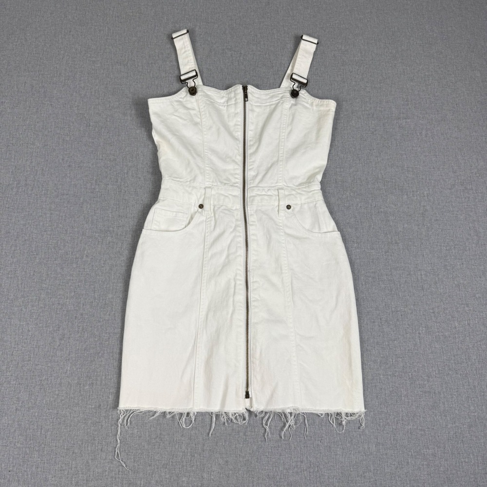 Pistola White Denim Zip Front Mini Dress XS Distressed Raw Hem Overall Style